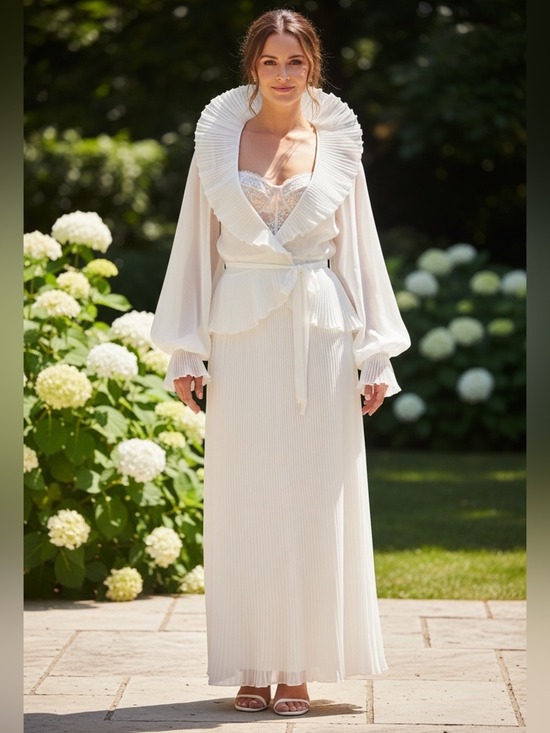 Dresses & Skirts - 60s 2PC MAXI ETHEREAL WHITE DRESS W LACE BODICE MICRO PLEAT SKIRT & JACKET